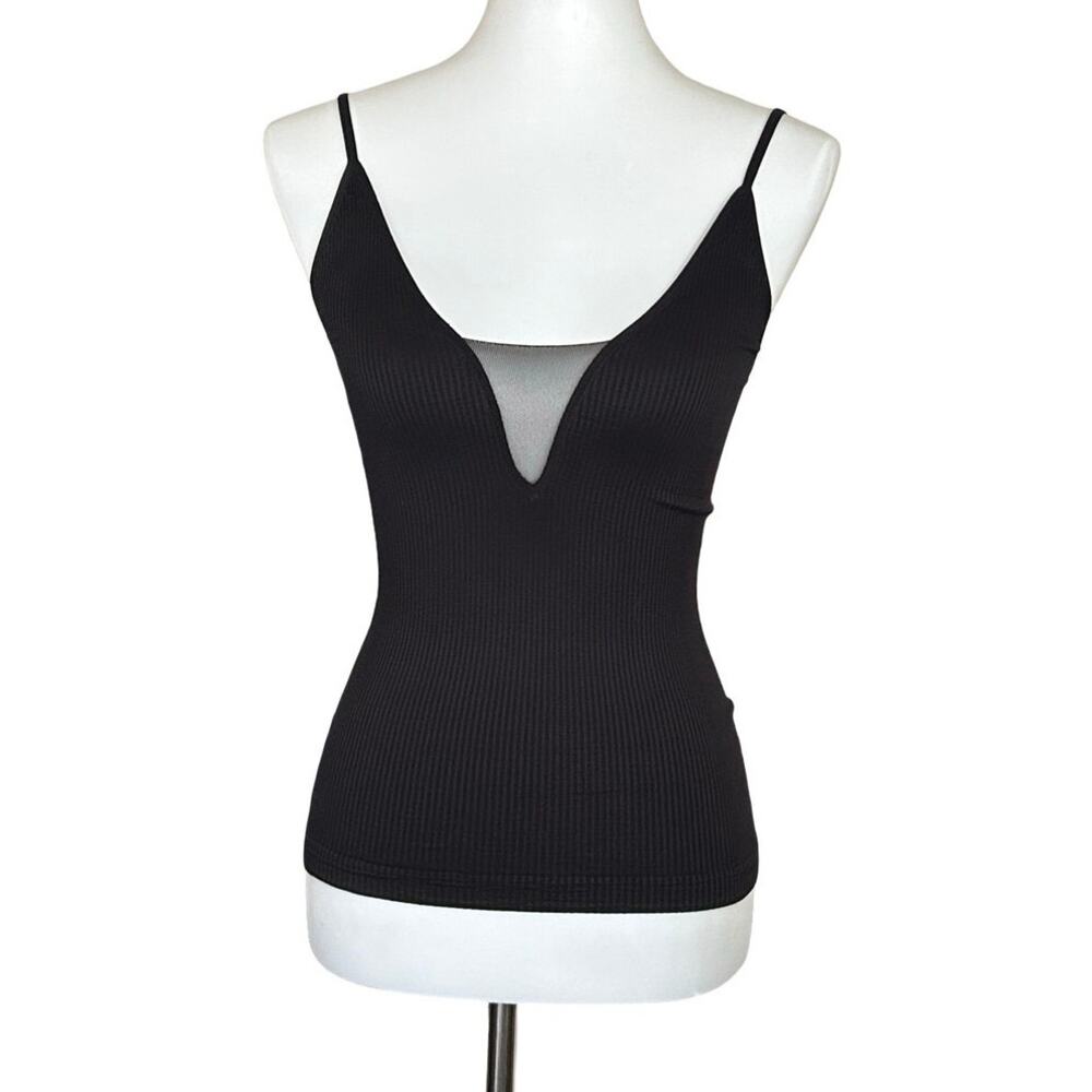 Free People Keep It Sleek Cami Ribbed Plunging V Mesh Top, Black XS/S
